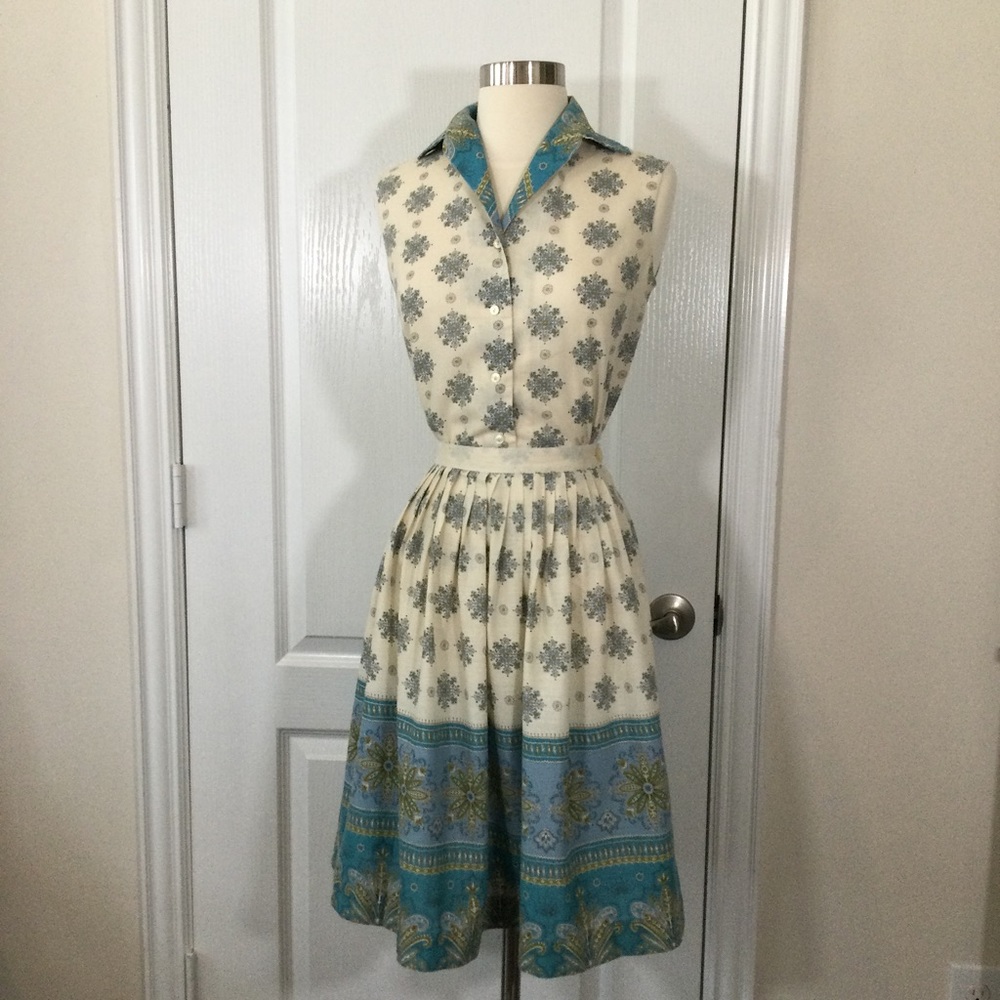 1950s 1960s Border Fabric Shirtdress Skirt + Top Retro Sz S M